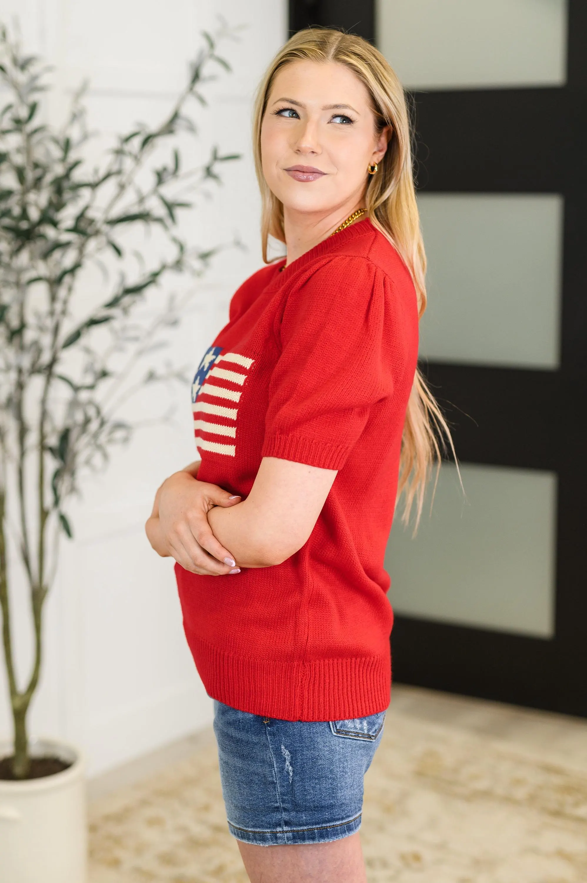 Hand Over Heart Graphic Knit Top in Red — view 3