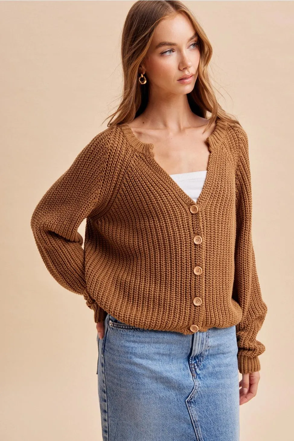 Autumn Harvest Chunky Knit Cotton Cardigan in Carmel — view 4