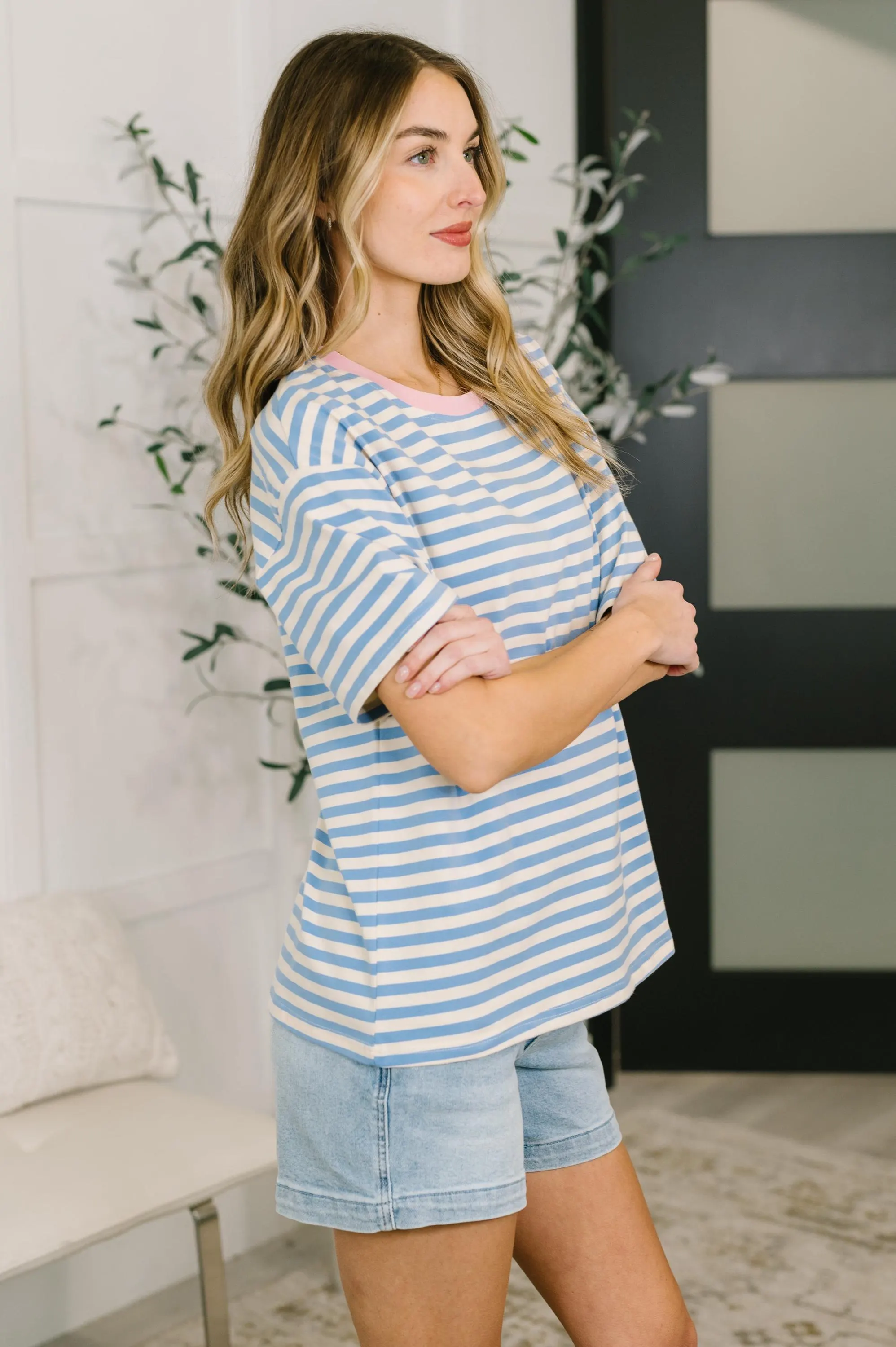 I Think I'm in Love Round Neck Loose Tee in Blue and Pink — view 4