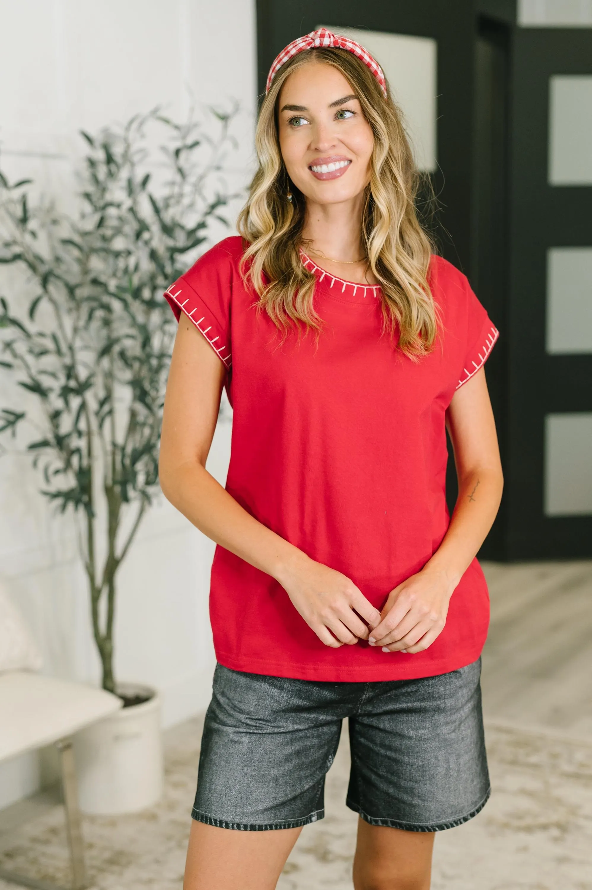 Little Details Cotton Top in Ruby
