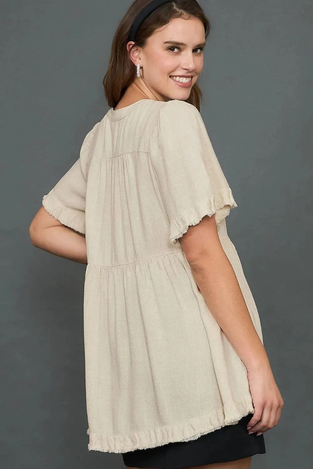 Dreamy Days Raw Hem Babydoll Linen Blouse — view 4