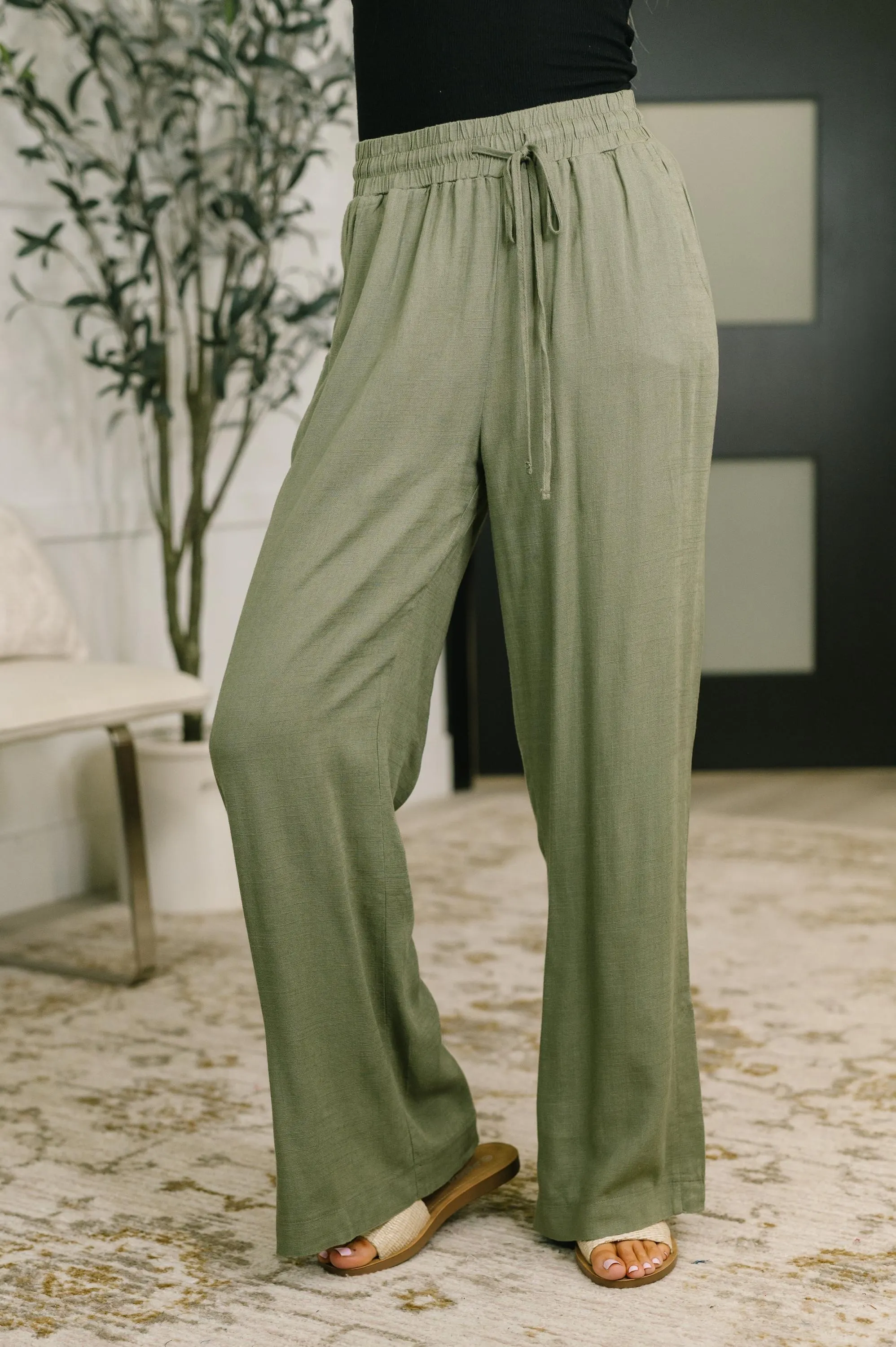 Straight Leg Lounge Linen Pants in Light in Olive