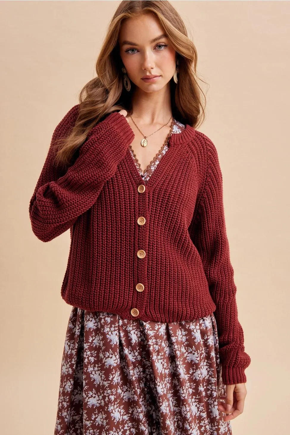 Autumn Harvest Chunky Knit Cotton Cardigan in Wine