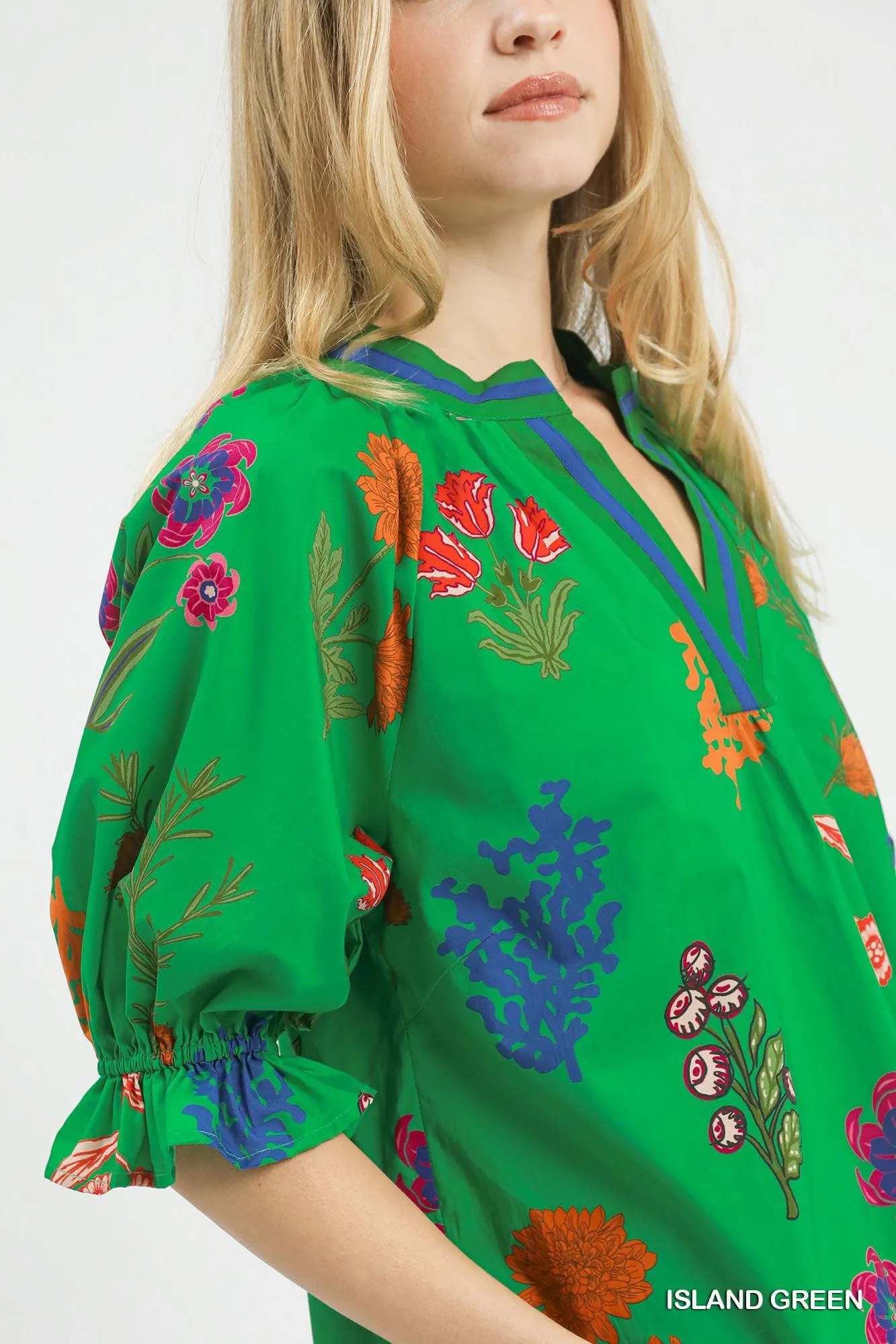 Paradise Garden Floral Split Neck Puff Sleeve Top — view 5