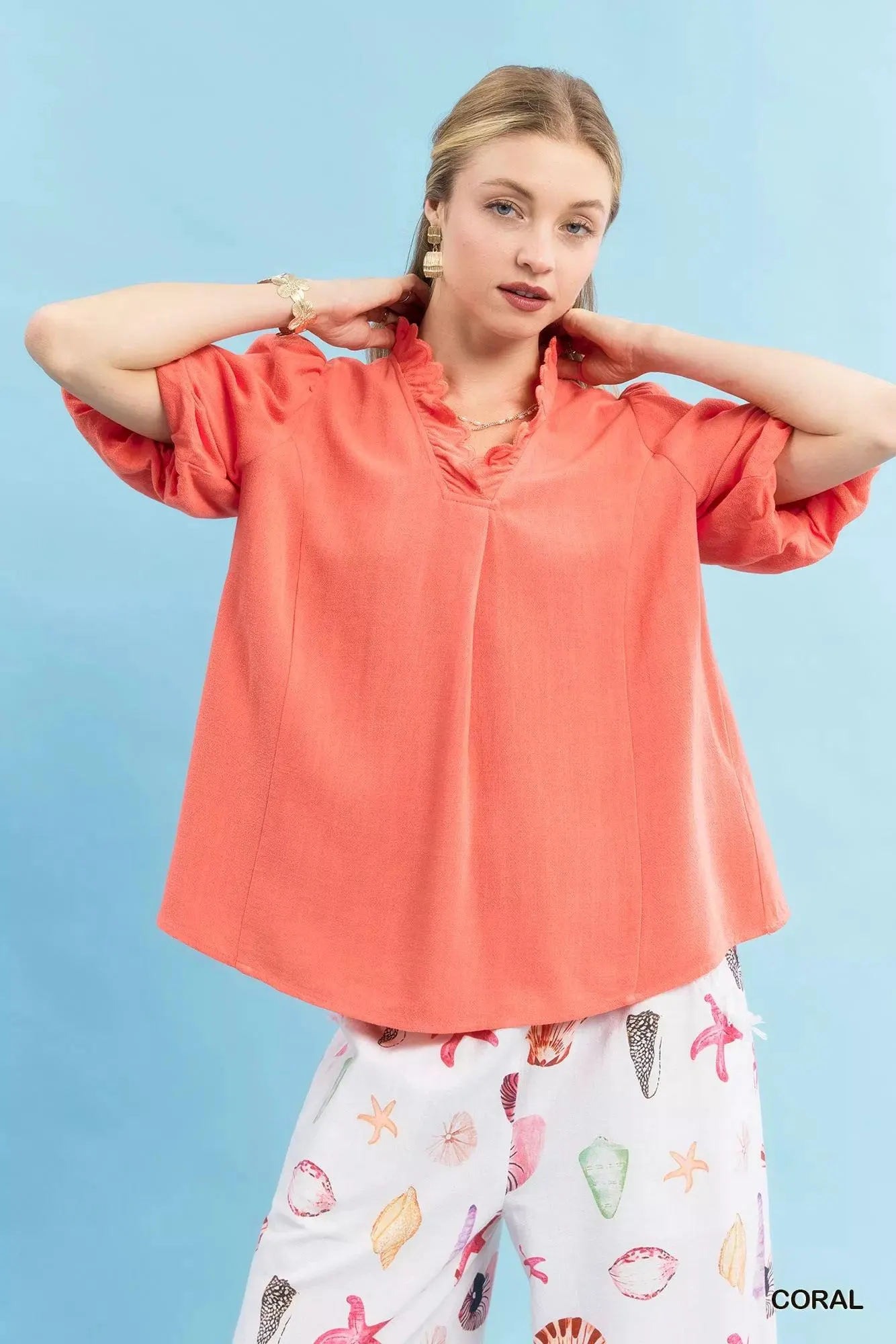 Coral Reef Linen Scallop Ruffle Blouse