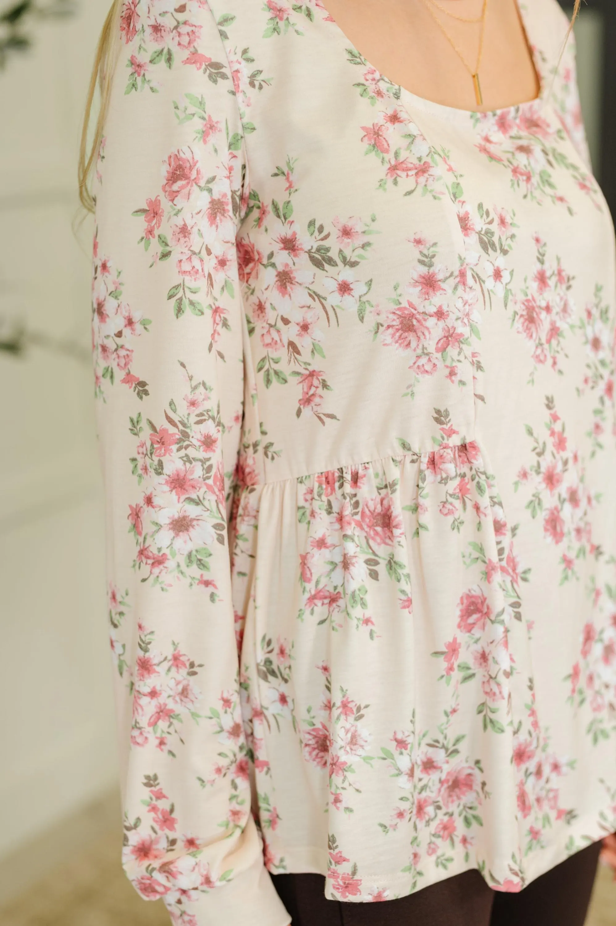 Floral Blouse - Square Neck, Long Sleeve Jersey Knit — view 3