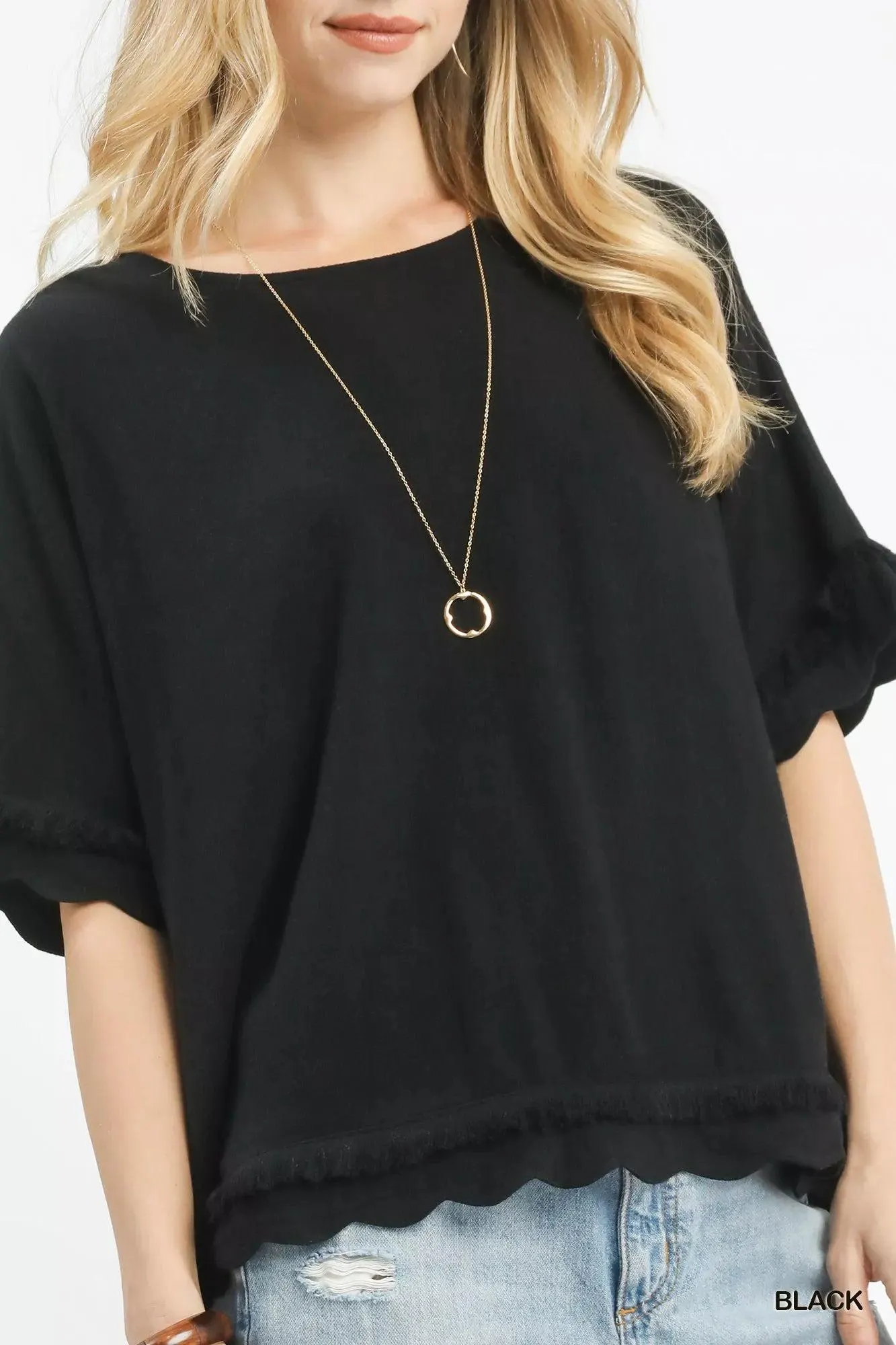 Midnight Linen Frayed Hem Scallop Top — view 5