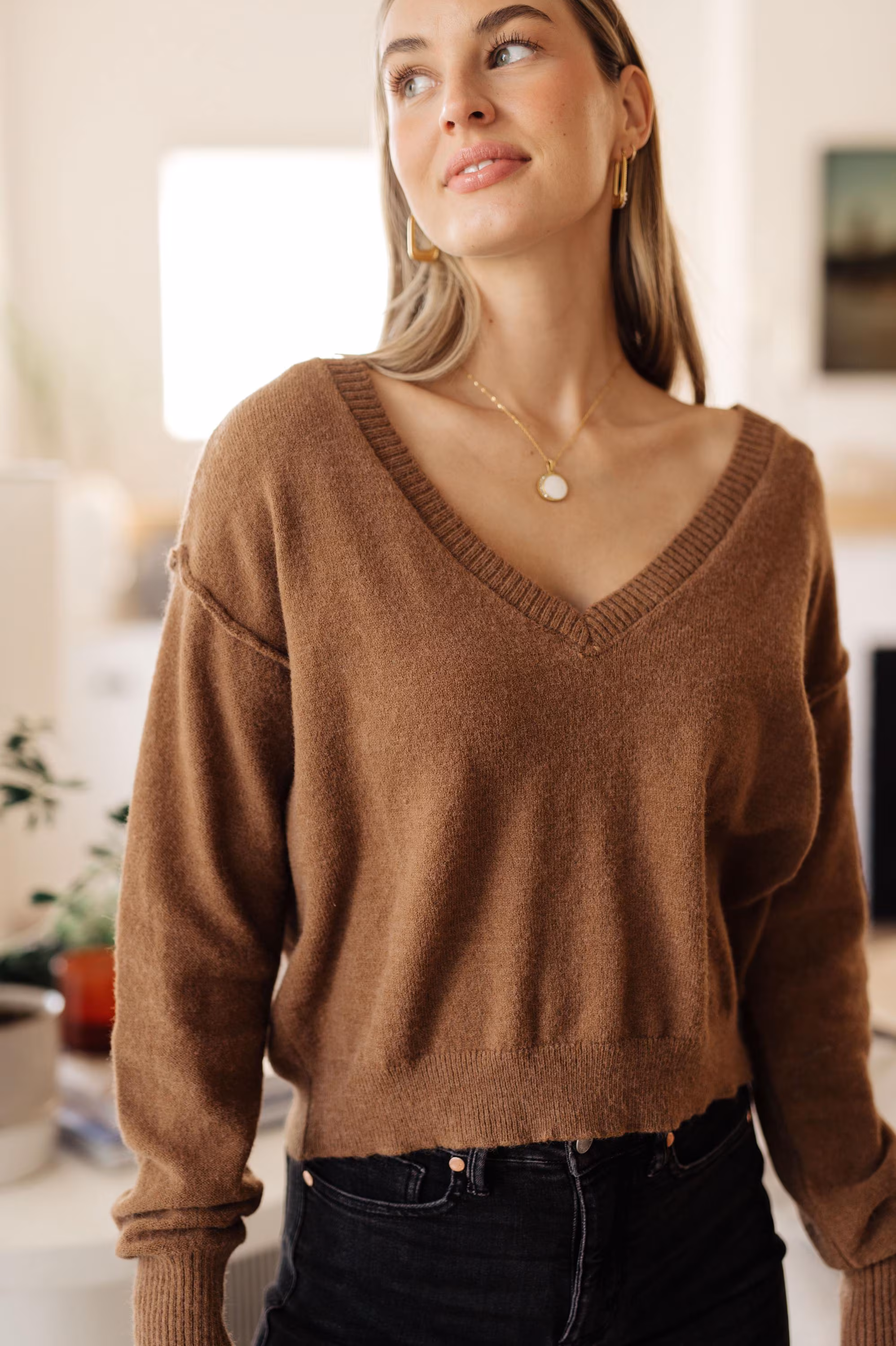 Back to Life V-neck Sweater in Mocha — view 2