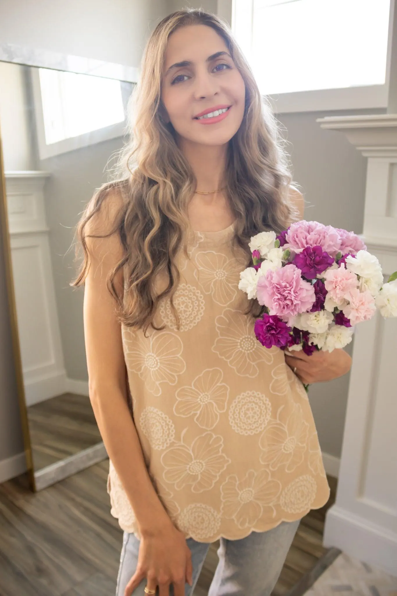Floral Embroidery Linen Top in Sand — view 7