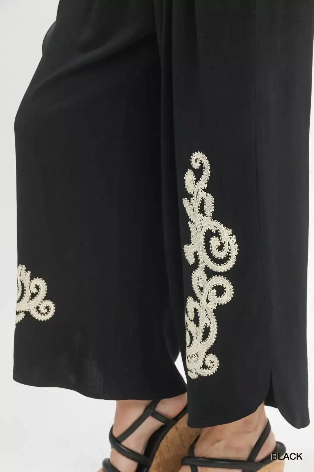 Midnight Linen Embroidered Wide Leg Pants — view 5